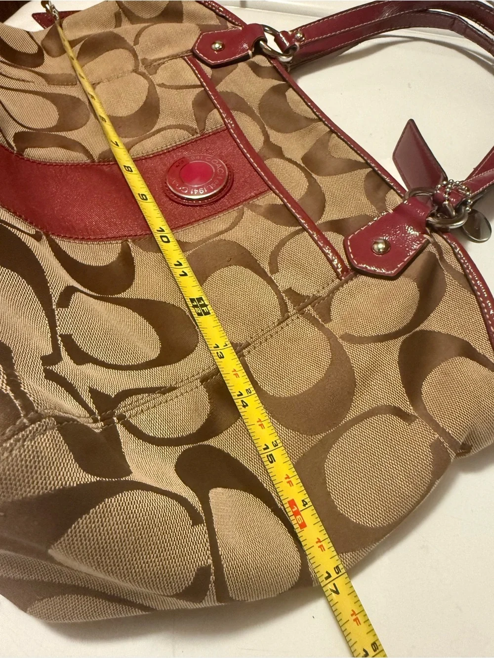 Coach Beige Signature Canvas Shoulder Bag with Red Trim